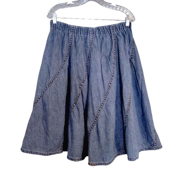VTG 90s Blue Denim Patch Pull On Full Midi Jean Skirt  *Fits like Medium - Picture 8 of 12
